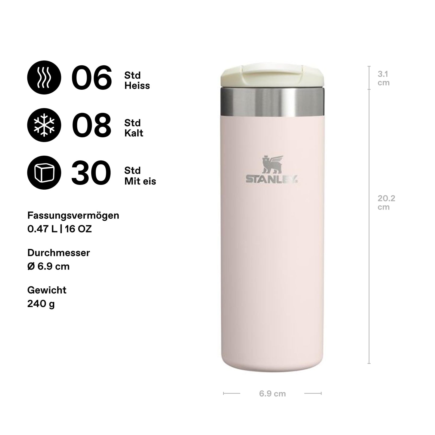 Stanley 1913 Aerolight Transit Thermo Mug 0.47L - Keeps Hot for 6 Hours - Dishwasher Safe - Coffee Mug To Go Leak-Proof - Compatible with Common Car Drink Holders - Thermos Flask - Rose - 100000107946