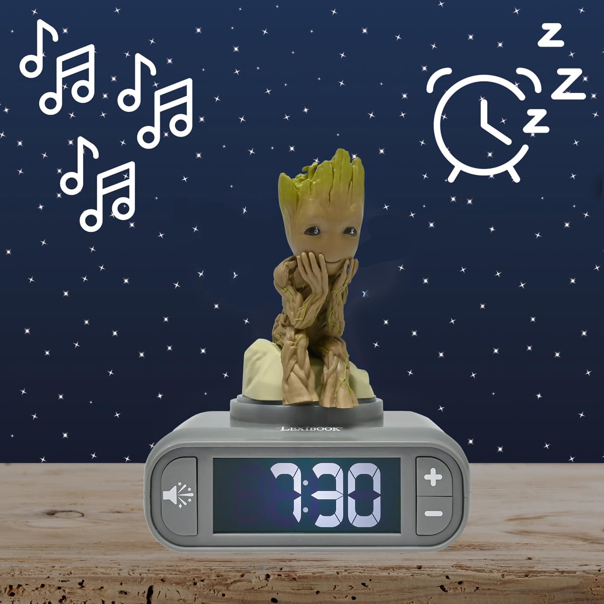 Lexibook, Marvel Guardians of the Galaxy, Groot Night Light Alarm Clock, Sounds and Melodies, Backlit LCD Screen, Illuminated, Snooze, Grey/Brown, RL800GG