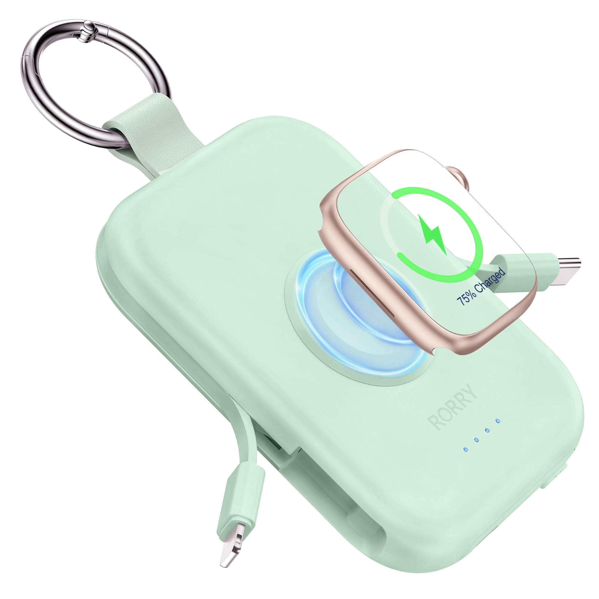 RORRY Power Bank, 5000mAh Power Bank with Integrated Cable, Travel Portable Charger Key Ring External Mobile Phone Batteries for iPhone 17/16/15/14/13/12, Apple Watch Ultra/11/10/9/8/7/6/SE, Green - D2