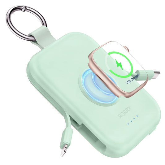 RORRY Power Bank, 5000mAh Power Bank with Integrated Cable, Travel Portable Charger Key Ring External Mobile Phone Batteries for iPhone 17/16/15/14/13/12, Apple Watch Ultra/11/10/9/8/7/6/SE, Green - D2