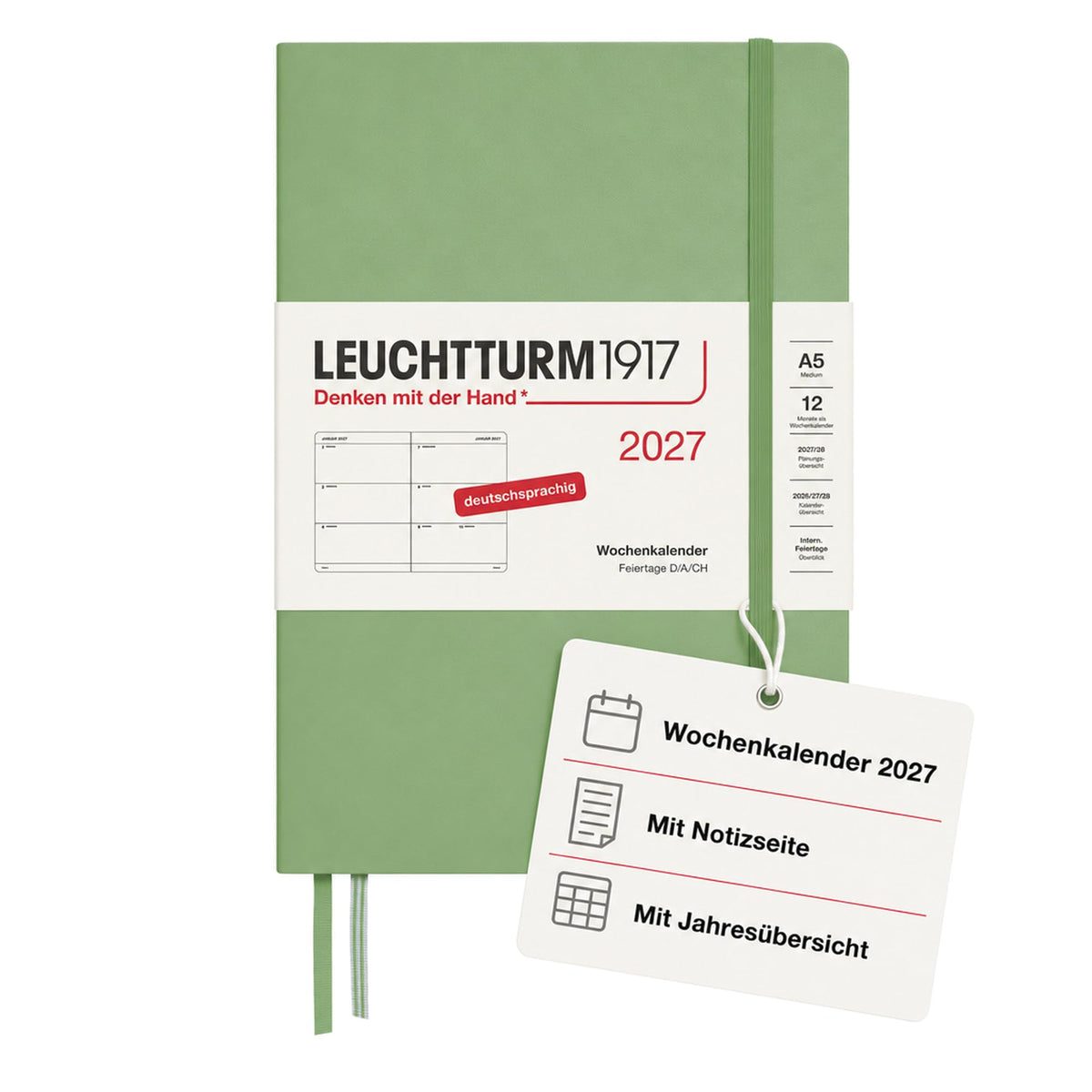 LEUCHTTURM1917 Calendar săptămânal 2027 Mediu (A5) - Germană, Salvie, Hardcover, 145 x 210 mm, 12 luni - ianuarie-decembrie 2027, 1 săptămână pe pagină dublă, hârtie de 80 g/m² cu compatibilitate ridicată cu cerneală - 400105