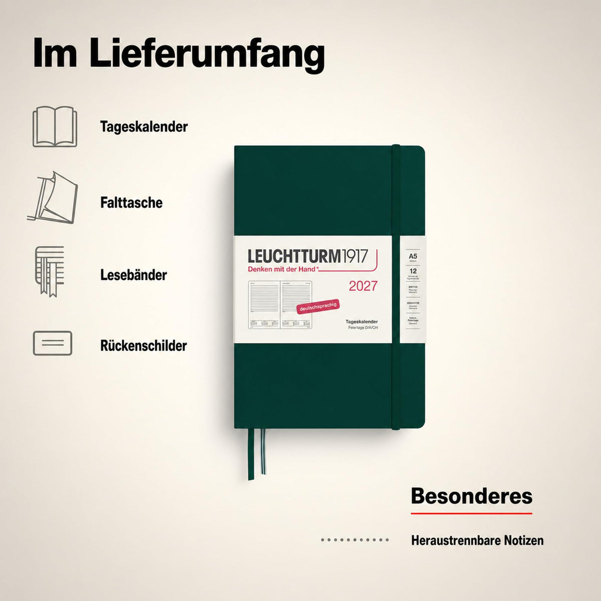 LEUCHTTURM1917 Daily Calendar 2027 Medium (A5) - German, Forest Green, 145 x 210 mm, January-December (12 months), 1 page per day, hourly grid 7:00 a.m. - 10:00 p.m., hardcover, 80 g/m² paper - 400162