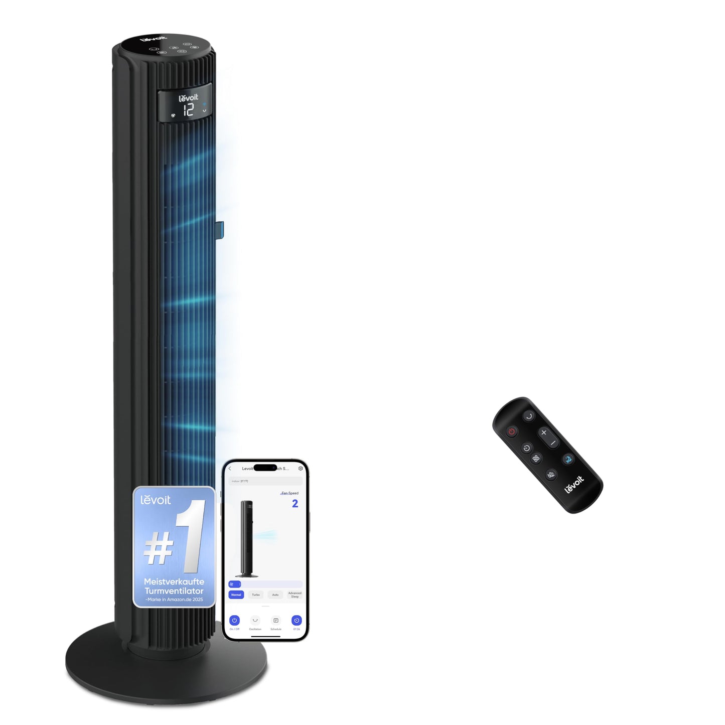 Levoit - Smart APP Tower Fan Quiet Fan for Bedroom - 4 Modes/12 Levels/12 Hour Timer - Remote Control & Cooling - 7.9m/s - Sensor & Voice Control Stand Fan - Black, 106 cm - LTF-F422S-KEU