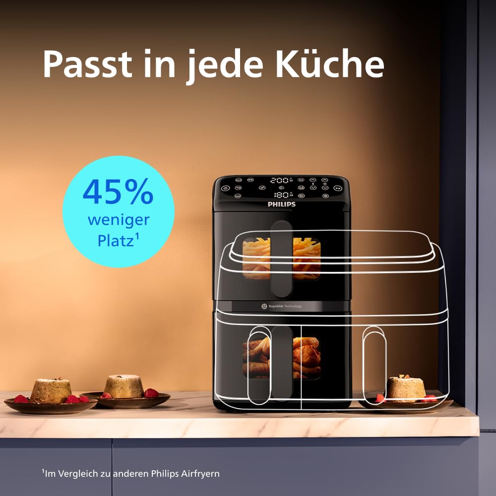 Philips Airfryer 4000 Series Stacked Dual Basket, stacked hot air fryer 2 chambers, 10L, RapidAir technology, 45% less space required, PFAS-free ceramic coating, viewing window (NA460/00)