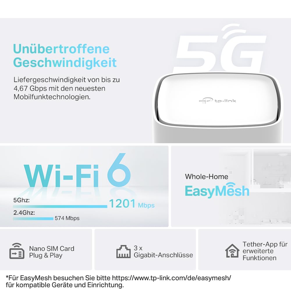 TP-Link Archer NX200 LTE WiFi router, 5G router SIM card, AX1800 dual-band WiFi 6, 3 x Gigabit ports, MU-MIMO, web and APP management, plug and play