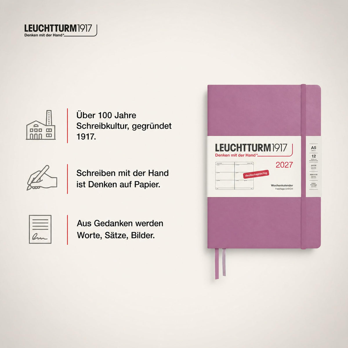 LEUCHTTURM1917 Calendar săptămânal 2027 Mediu (A5) - Germană, Dusty Rose, Hardcover, 145 x 210 mm, 12 luni - ianuarie-decembrie 2027, 1 săptămână pe pagină dublă, hârtie de 80 g/m² cu compatibilitate ridicată cu cerneală - 400102