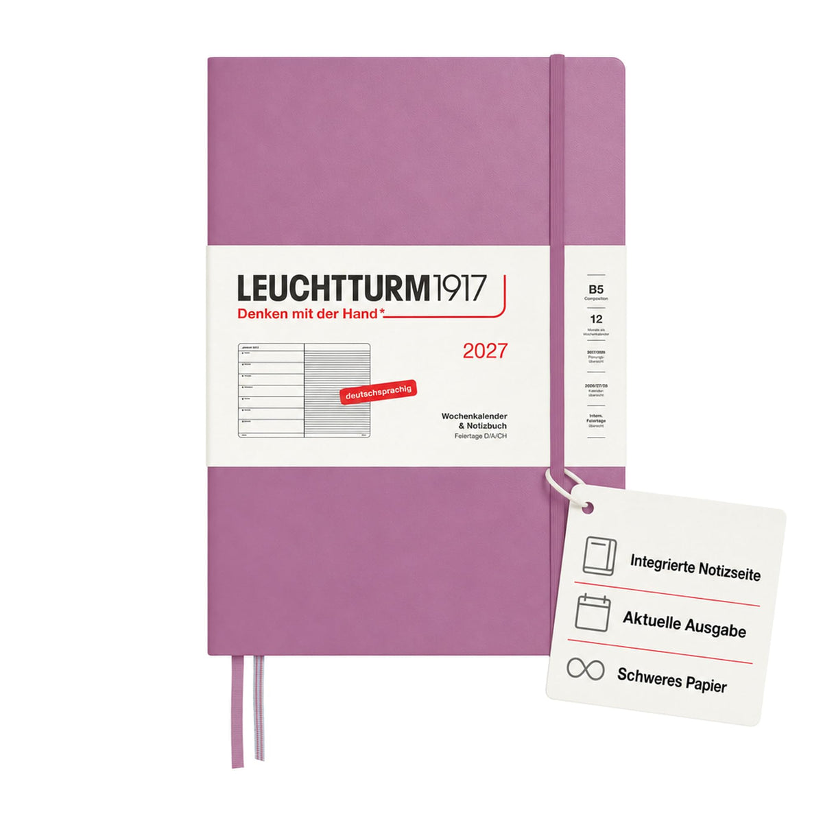 LEUCHTTURM1917 calendar săptămânal 2027 Compoziție (B5) cu caiet - planificator german de întâlniri, Dusty Rose, ianuarie-decembrie 2027, prezentare săptămânală în stânga + pagina de note în dreapta - 400039
