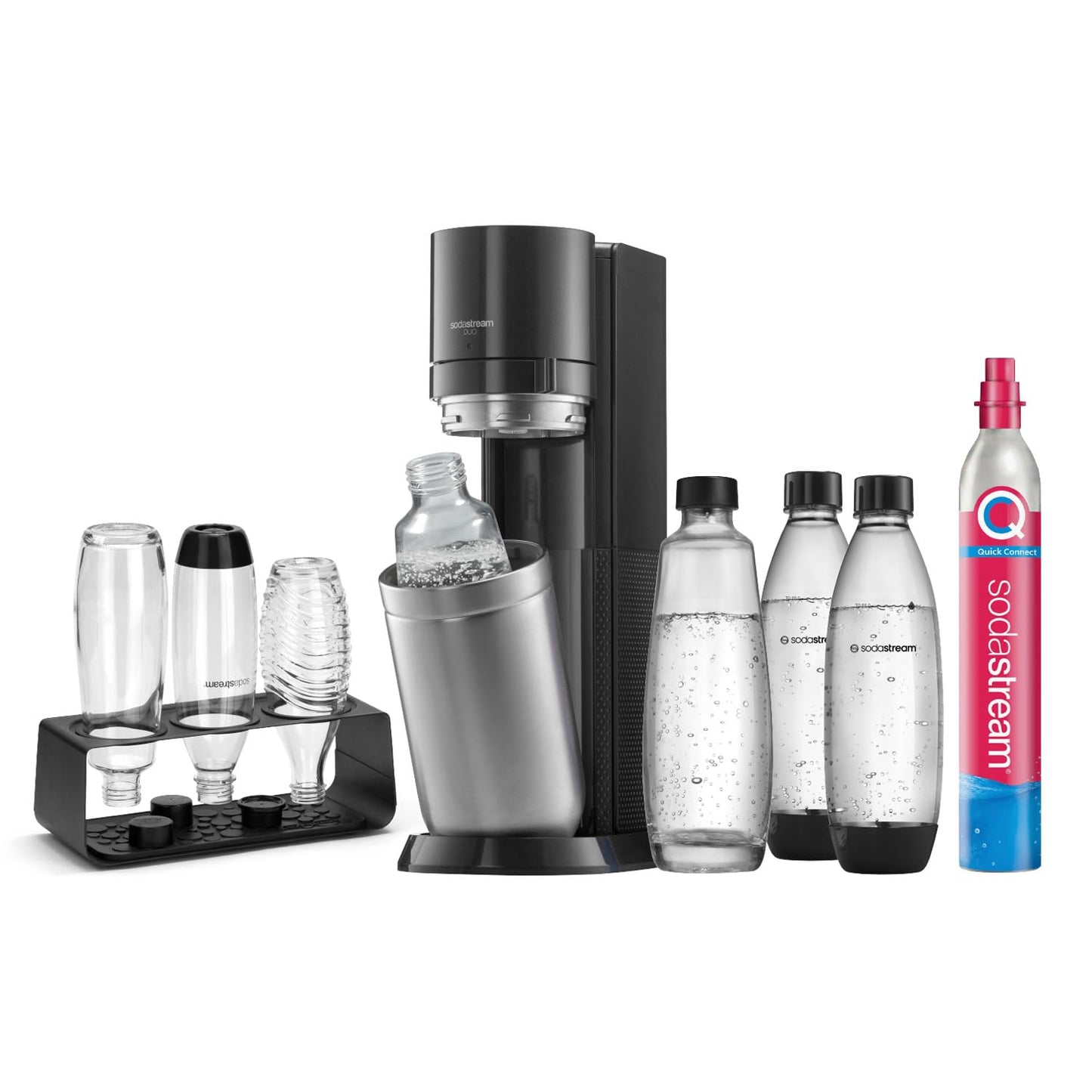 SodaStream water soda maker DUO Comfort set with Quick-Connect CO2 cylinder | Includes 2x 1L glass bottle, 2x 1L FUSE plastic bottle (dishwasher safe) and bottle drainer | Color: titanium - 1100463490