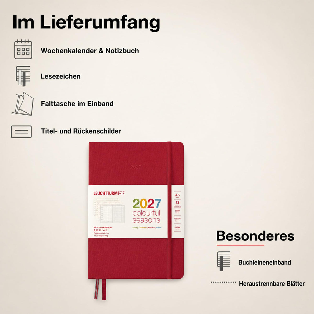 LEUCHTTURM1917 Calendar săptămânal și caiet cu punct mediu (A5) 2027, anotimpuri colorate roșu, germană, cartonată, prezentare generală a calendarului 2026/2027/2028, prezentare generală a planificării 01.27-12.28, planificator de proiect, buzunar