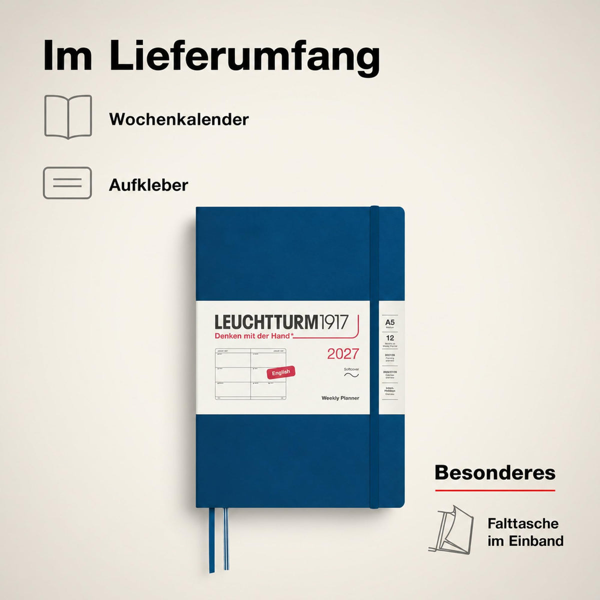 LEUCHTTURM1917 Calendar săptămânal 2027 Mediu (A5) - Engleză, Indigo, Coperți moale, 145 x 210 mm, 12 luni - ianuarie-decembrie 2027, 1 săptămână pe pagină dublă, hârtie de 80 g/m² cu compatibilitate ridicată cu cerneală - 400299