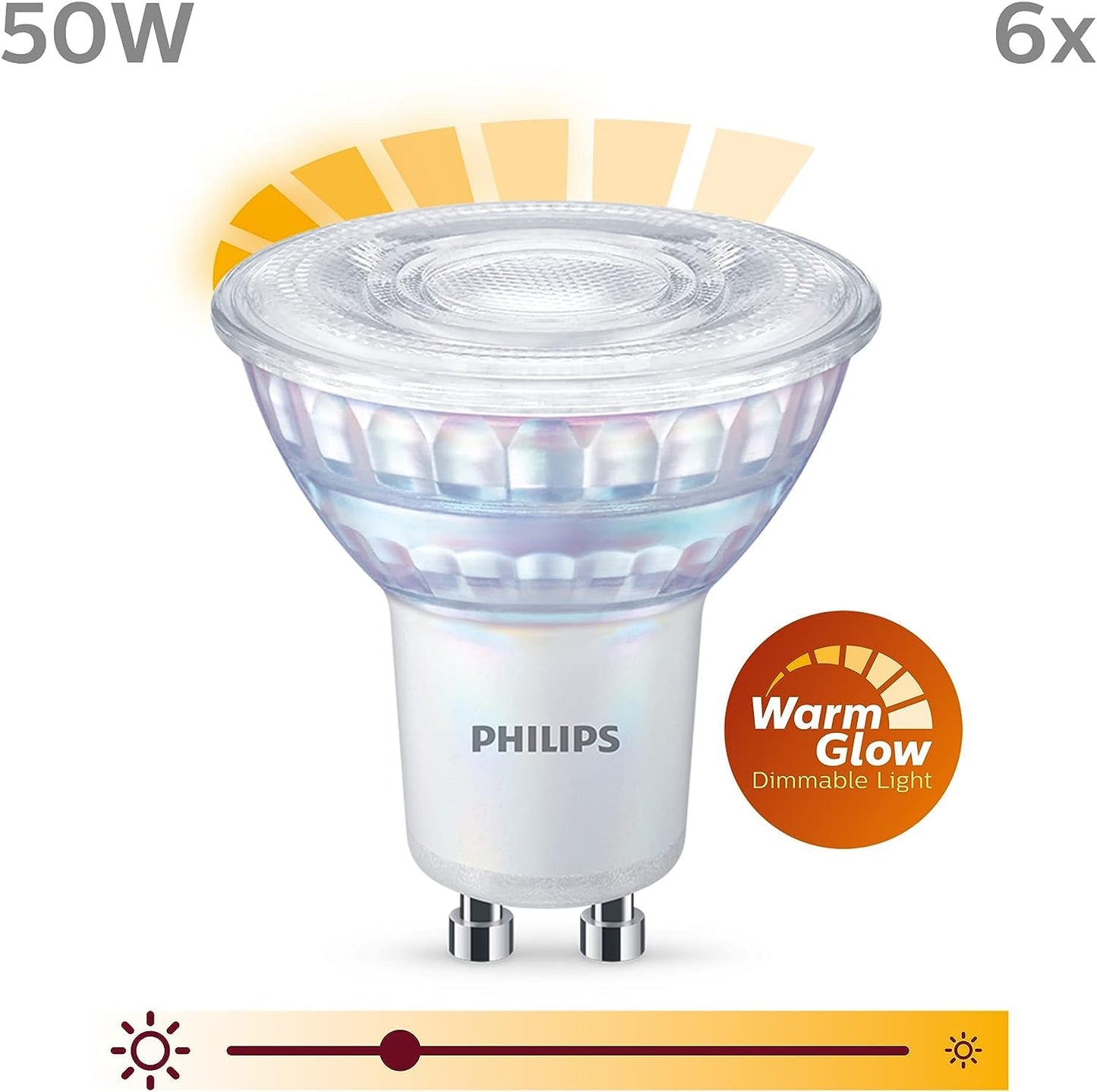 Philips LED Classic GU10 lamps Warm Glow pack of 6 (50 W), dimmable reflector LED spots with warm white light, energy-saving lamps with a long useful life, warm glow dimmable - 929002065798