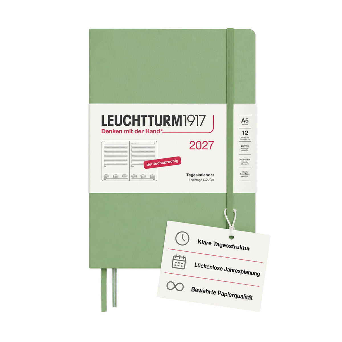 LEUCHTTURM1917 Calendar zilnic 2027 Medium (A5) - germană, salvie, 145 x 210 mm, ianuarie-decembrie (12 luni), 1 pagină pe zi, grilă orară 7:00 a.m. - 22:00 p.m., copertă cartonată, hârtie de 80 g/m² - 400161