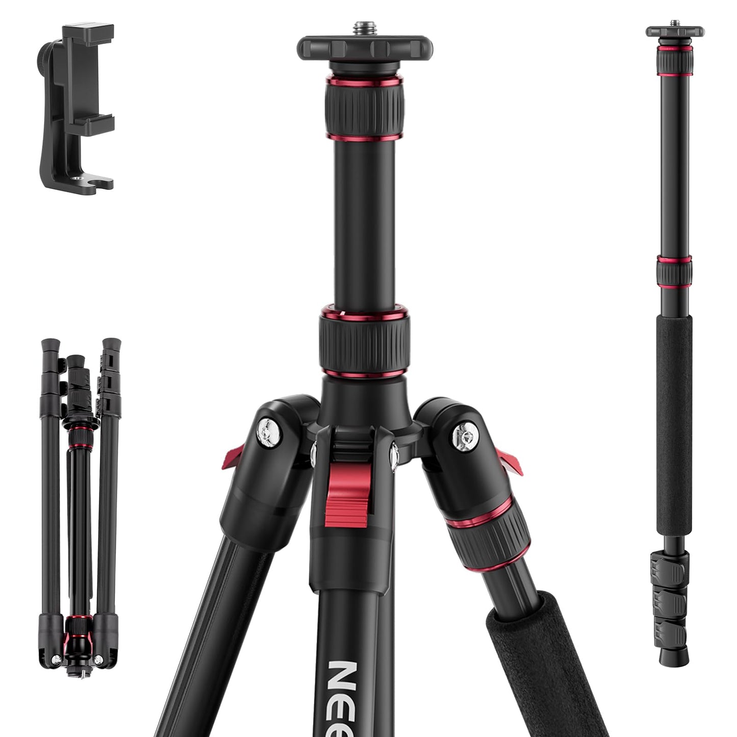 NEEWER Basics TP15 Camera Tripod Monopod, 68" Metal Heavy Duty Portable Travel DSLR Phone Stand with Cell Phone Holder, Compatible with iPhone for Film and Video, Ball Head Not Included