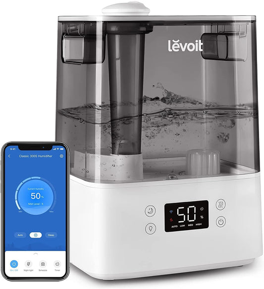Umidificator inteligent Levoit pentru încăperi mari, umidificator cu umplere superioară, cu control prin aplicație și Alexa, până la 47 m², umidificator silențios pentru dormitoare, camere de copii, plante, oprire automată, 6 L, gri - Classic