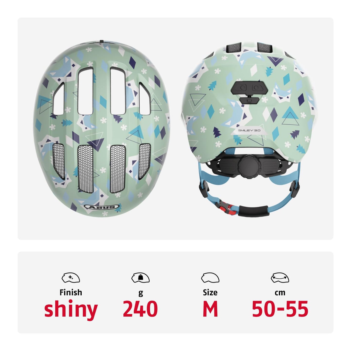 ABUS children's helmet Smiley 3.0 - bicycle helmet with a deep fit, child-friendly designs & space for a braid - for girls and boys - light green with pattern, size M - 67256