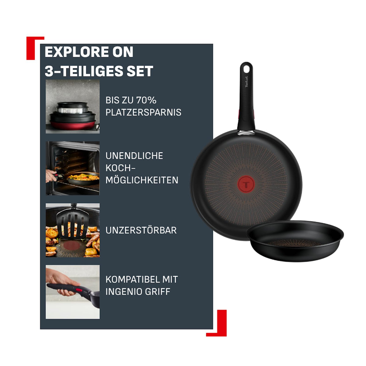 Tefal Ingenio Explore On 3-piece Frying Pan Set, Black, L2679102