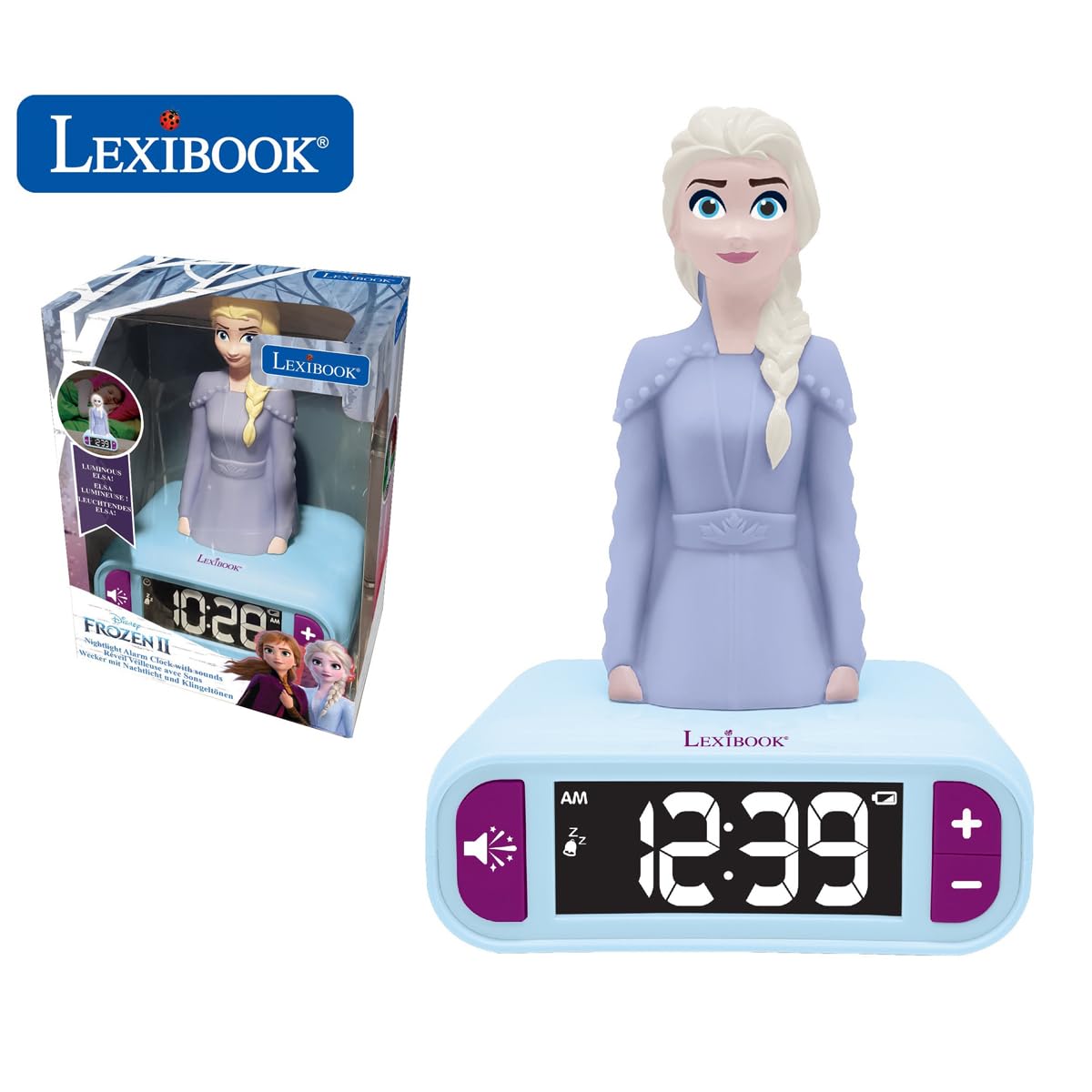 Lexibook - Disney Frozen 2 Alarm Clock with Night Light and Ringtones Disney Frozen 2 Digital Alarm Clock for Children with Night Light Snooze, Children's Clock, Luminous ELSA, Blue Color - RL800FZLXB