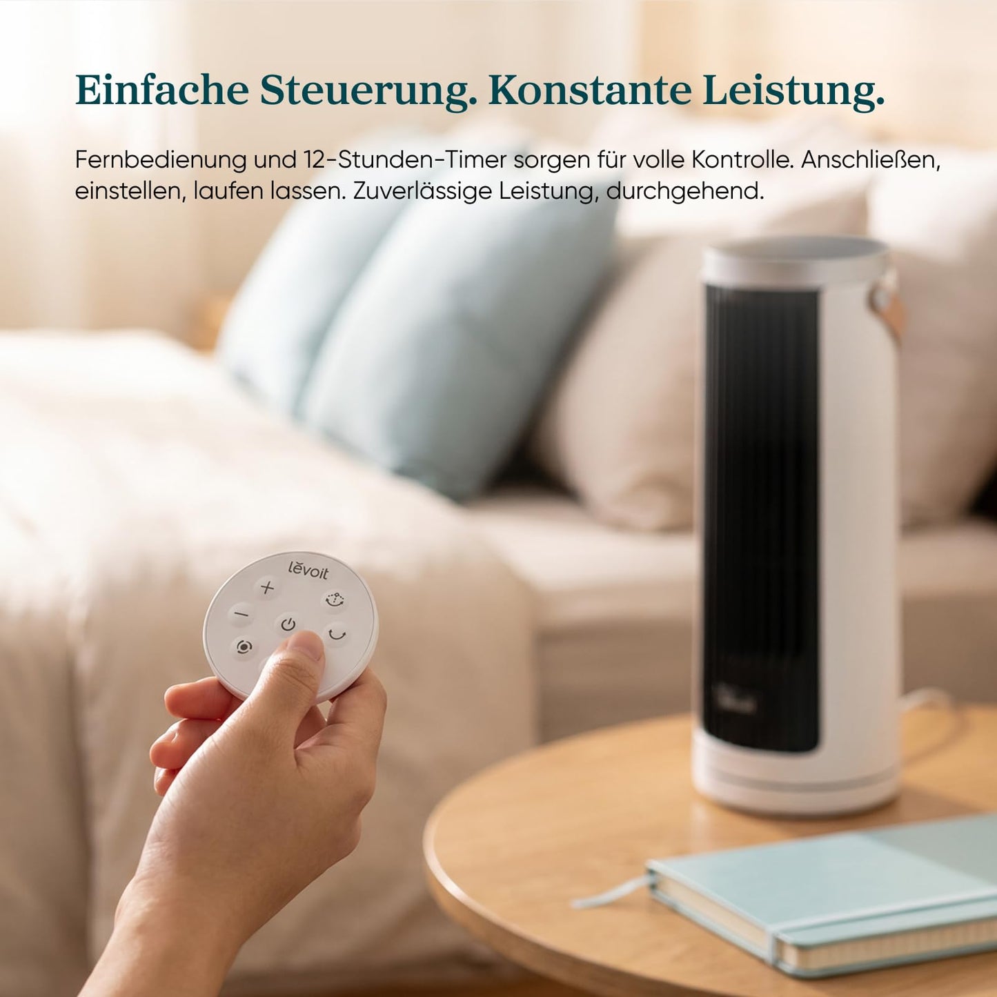Levoit compact tower fan DC motor - quiet from 20dB fan - 7m/s cooling - table fan 5 levels/90° oscillation/12 hour timer/remote control - space saving, small rooms - moon white, 33 cm - LTF-F132-WEU