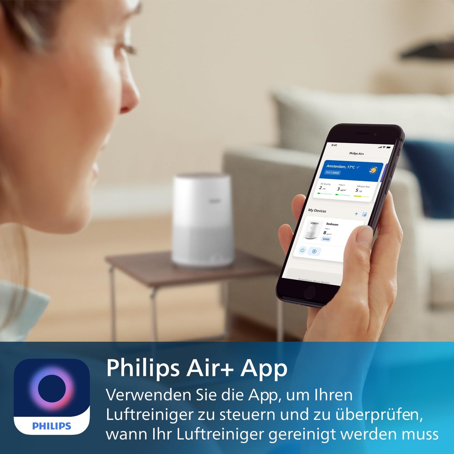 Philips air purifier 600 series, ultra-quiet and energy efficient for allergy sufferers, HEPA filter removes 99.97% of pollutants, for rooms up to 44m², app-controlled, white (AC0650/10)