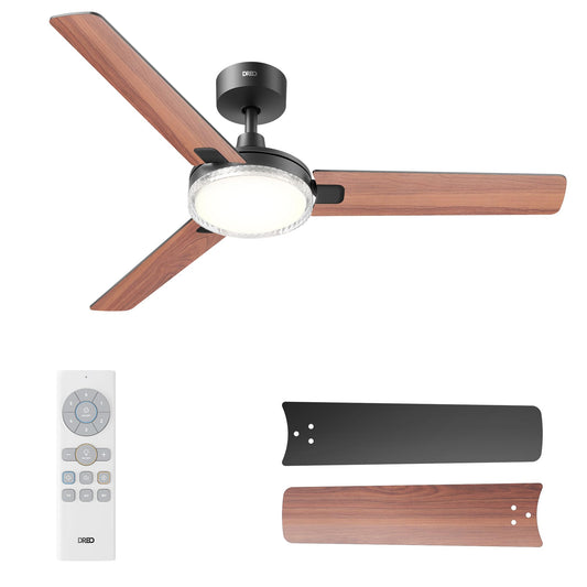 Ventilator de tavan DREO cu lumină și telecomandă, ventilator de tavan negru de 52", 5 temperaturi de culoare CCT, reglabil în 6 trepte, 6 viteze, motor DC reversibil silențios, temporizator de 1/4/8 ore - DR-HCF004