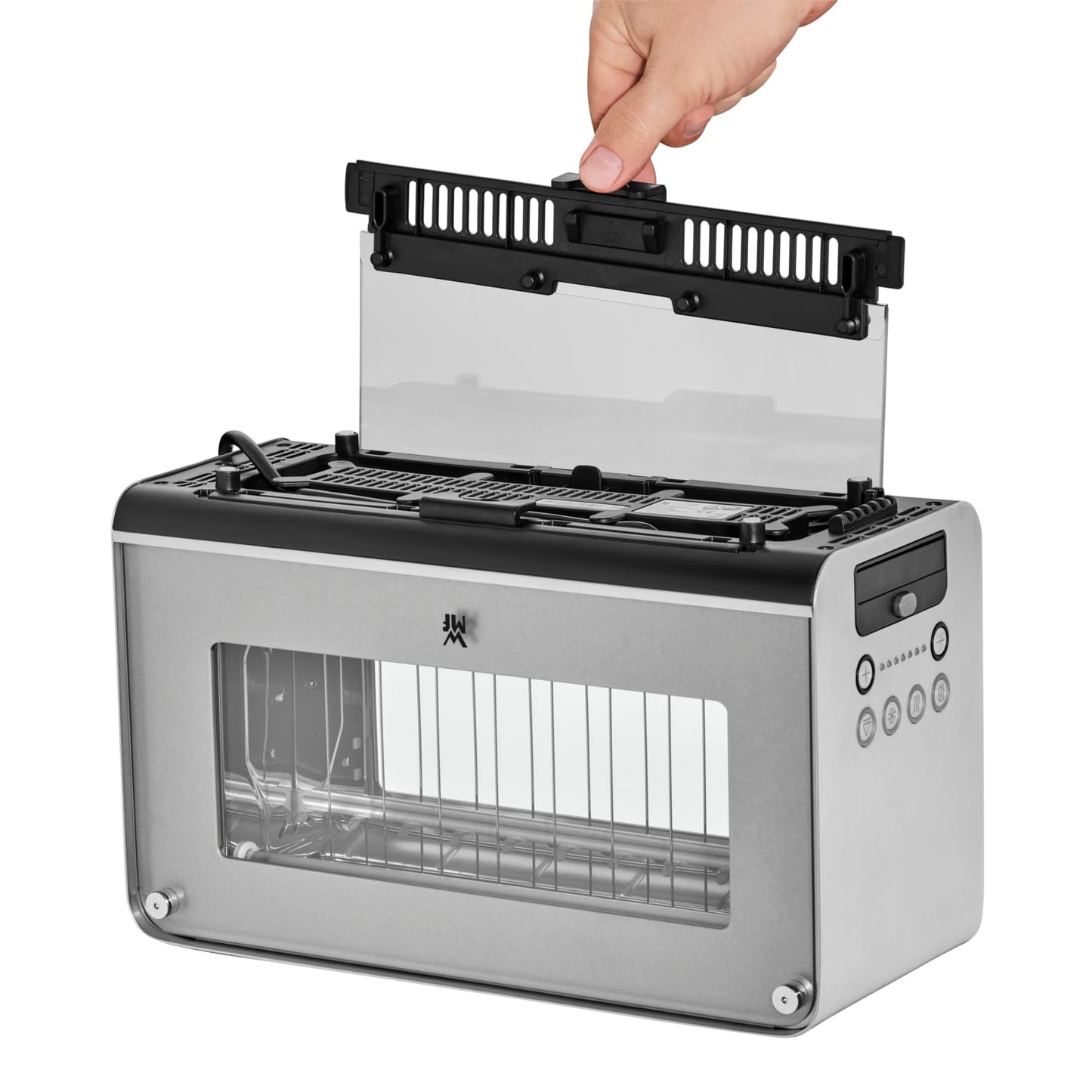 WMF Lono toaster glass with bread roll attachment, for 2 slices, XXL toast, warm-up function, 7 browning levels, matt stainless steel - 414140011