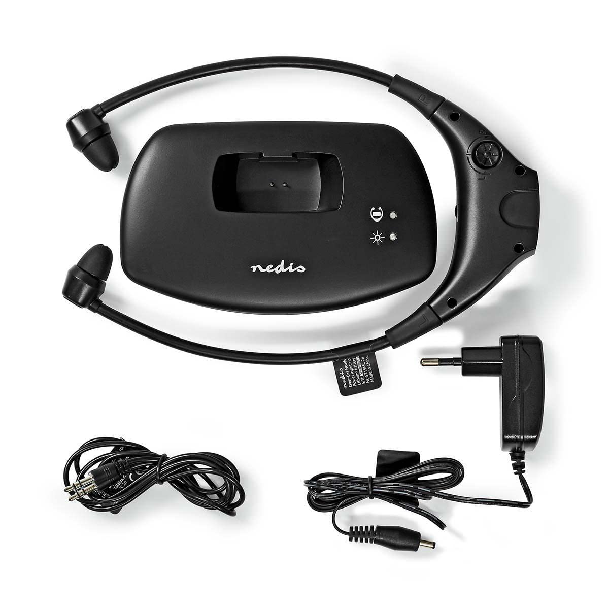 Nedis HPRF010BK Căști TV fără fir - Căști In-Ear RF - Rază de acțiune de 35 m - Acumulator de 200 mAh - Durată de funcționare de 4 ore - Stație de încărcare - Negru