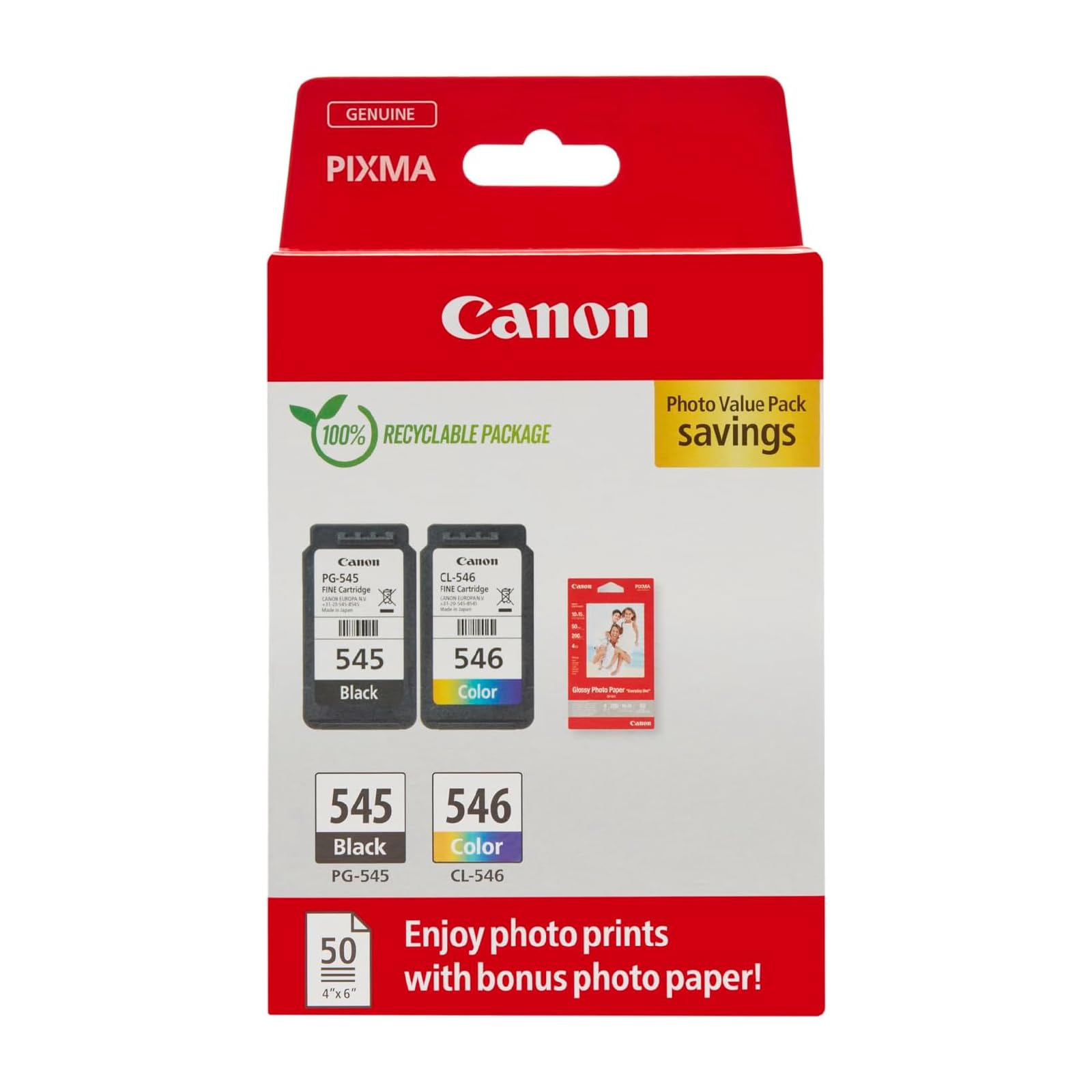 Canon Ink & Paper Multipack - PG-545/CL-546 Original Printer Ink Cartridges Pack of 2 (1 x Black, 1 x Color Printer Cartridges) & 4x6 Photo Paper (50 x Sheets) for PIXMA TS3350, TS4550, TS3450, TS3150 - 8287B008AA