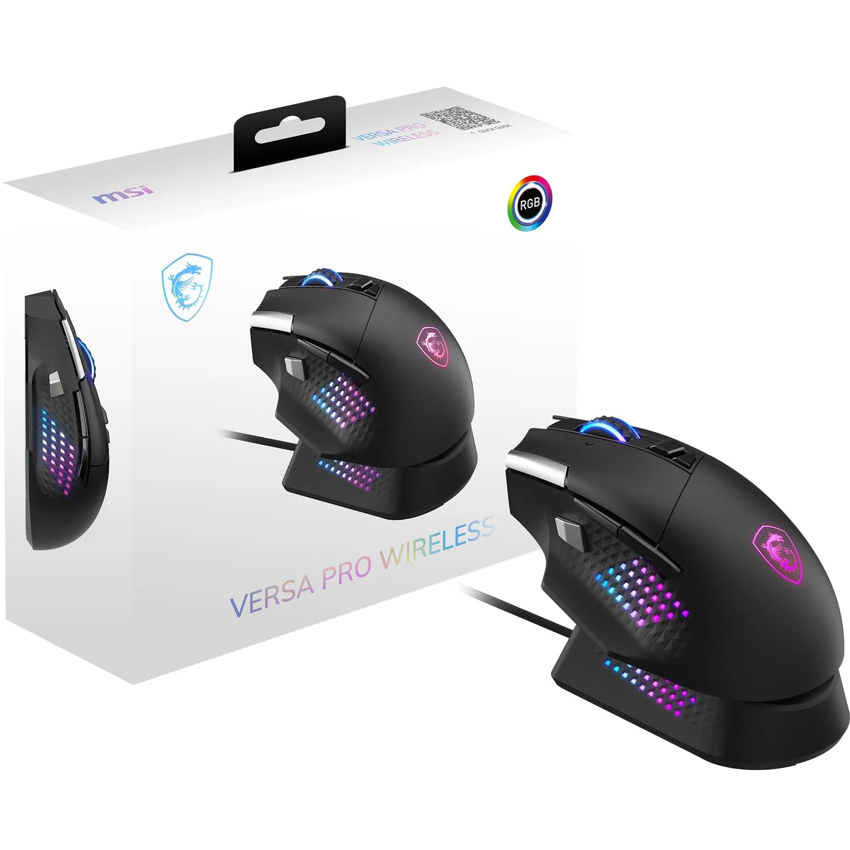 MSI Versa PRO Wireless + Mouse Dock PRO Gaming Mouse – Charging Station, 26000 DPI optical sensor, designed for right-handed users, 70 million clicks, 80 hours battery life, 97 g – wired/wireless - S12-4301370-CLA