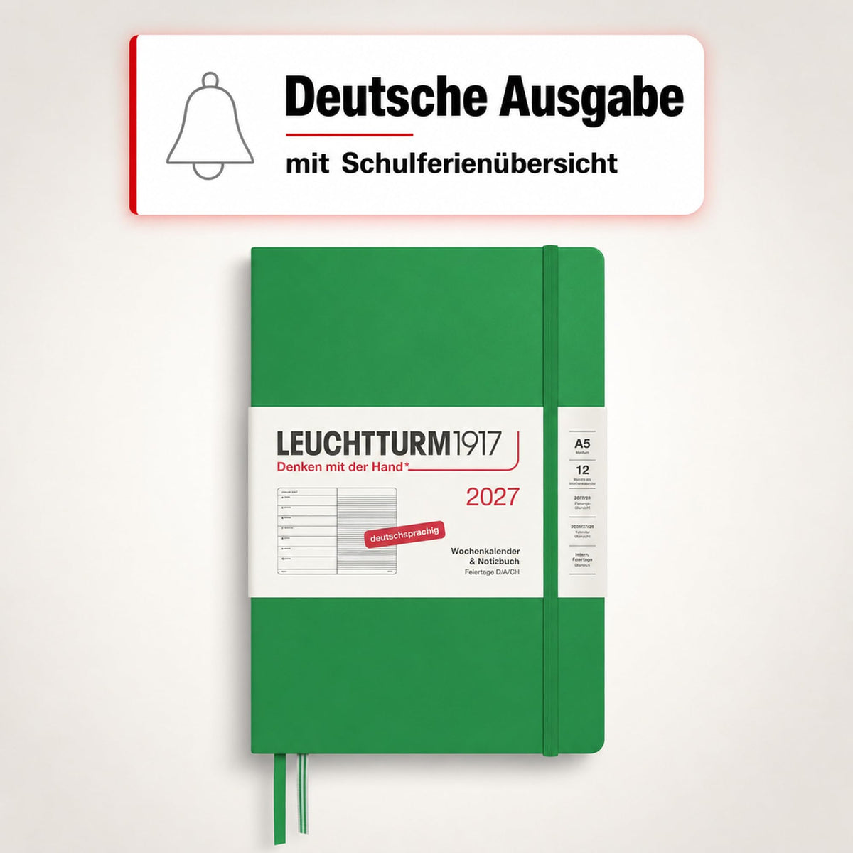 LEUCHTTURM1917 Weekly Calendar 2027 Medium (A5) with Notebook - German Appointment Planner, Spring Leaf, January-December 2027, Weekly Overview on the Left + Notes Page on the Right - 400053