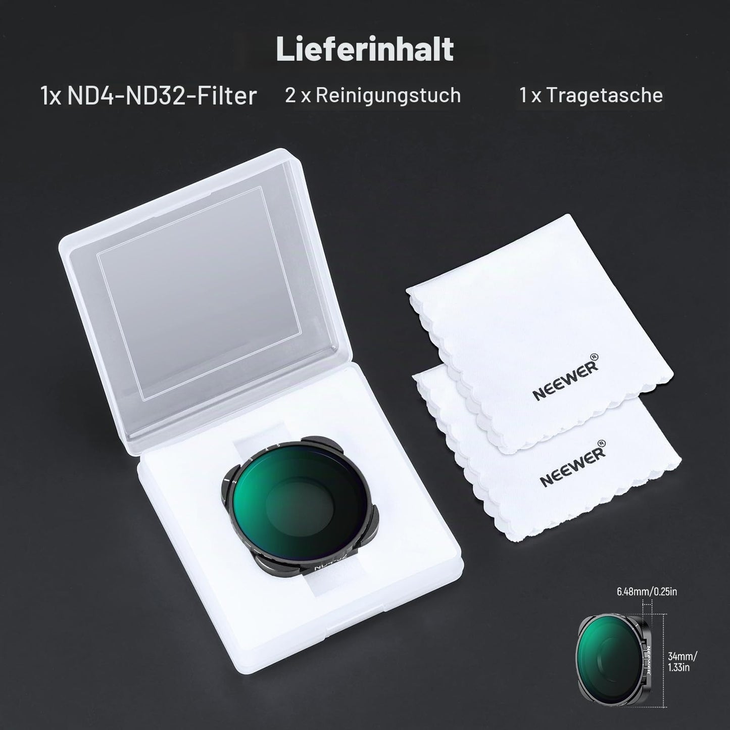 NEEWER Variable ND filter, compatible with GoPro 13 12 11 10 9, ND4-32 2-5 Stop, screw-on gray filter with multi-coated HD optical glass, slim frame, 2 cleaning cloths, no X pattern - FL-C04