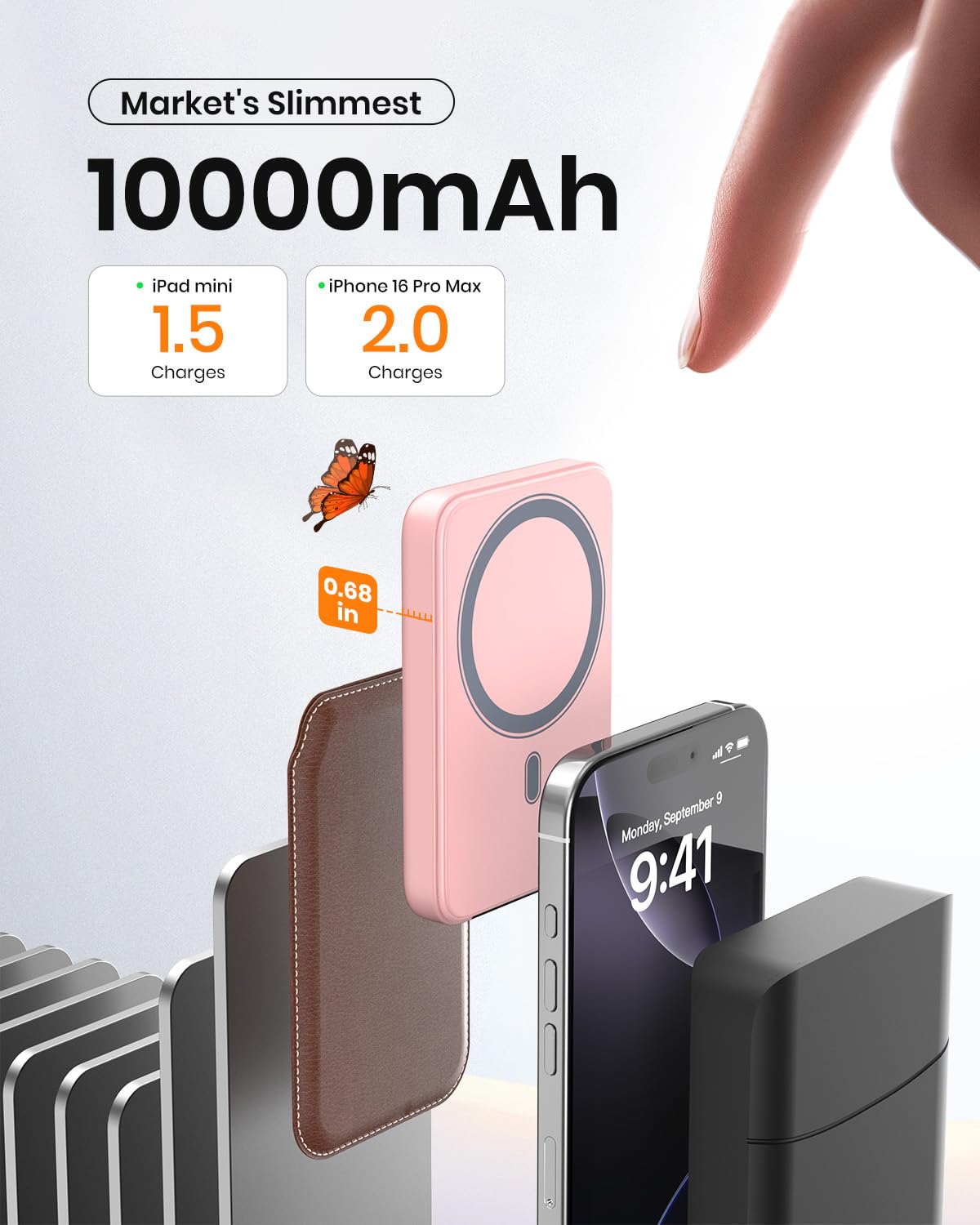 A ADDTOP Magnetic Power Bank 10000mAh- 20W Schnelllade iPhone Ladegerät for Magnetisch, UltraSlim Wireless Portable Charger with USB-C In&Out, LED Display Akku-Pack für iPhone 17/16/15/14/13/12 Rosa - C19PW