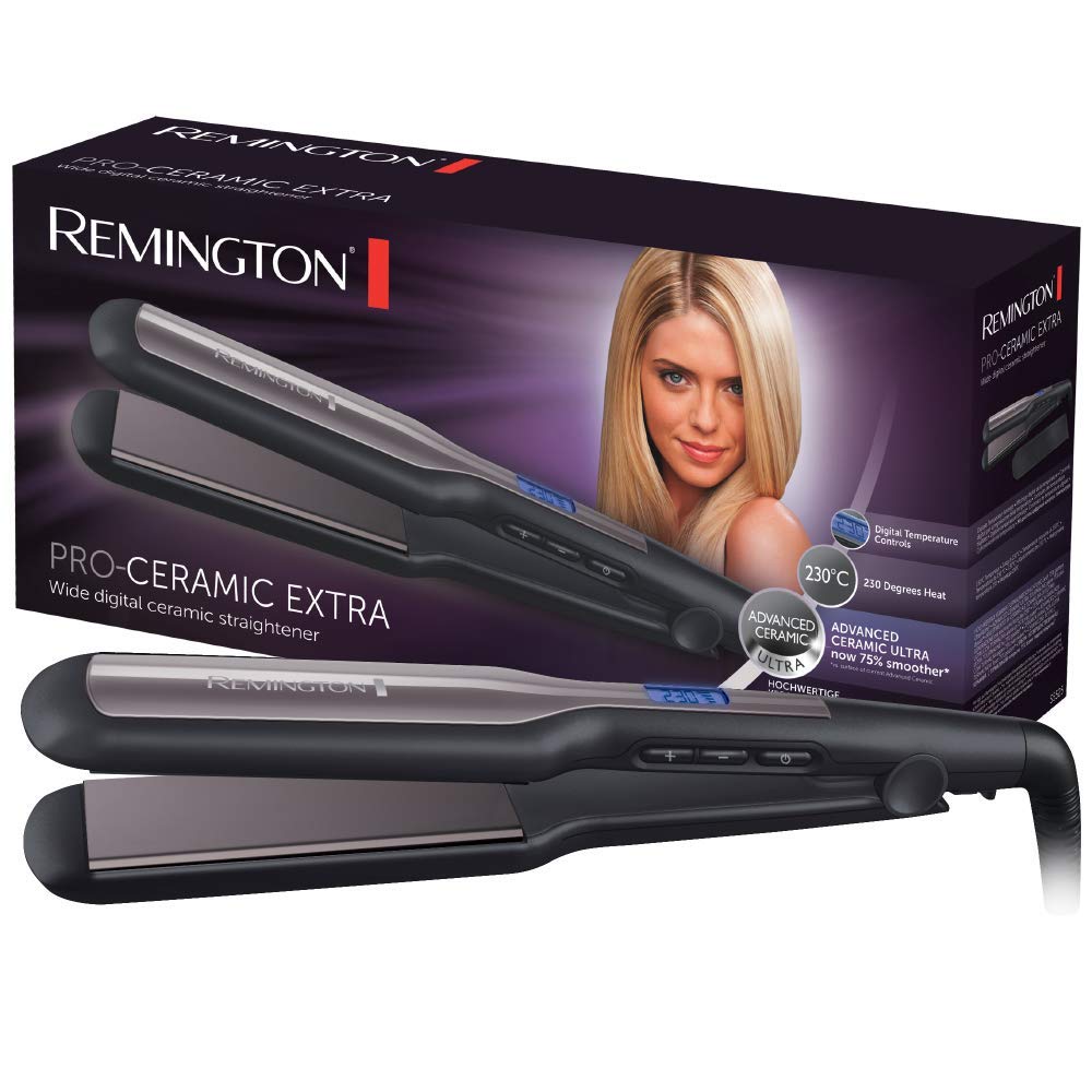 Remington wide straightening iron Pro-Ceramic Extra (extra wide 45mm styling plates - especially for thick, frizzy, curly and very long hair) LCD display, 150-230°C, hair straightener S5525