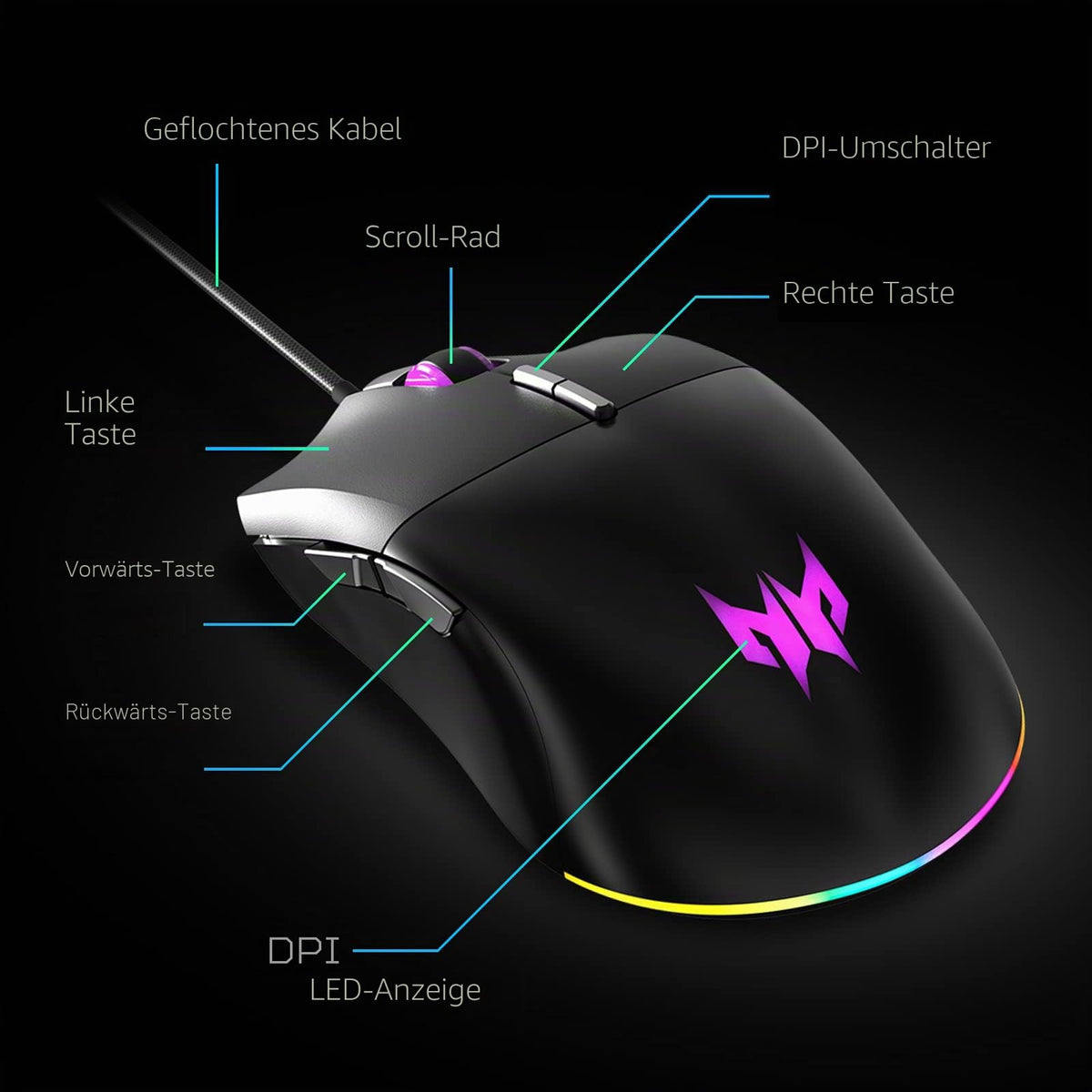 Acer Predator Cestus 330 Mouse de gaming cu senzor PixArt 335, setări DPI ajustabile, 16,8 milioane de combinații de iluminare RGB și NVIDIA Reflex. - PMW920