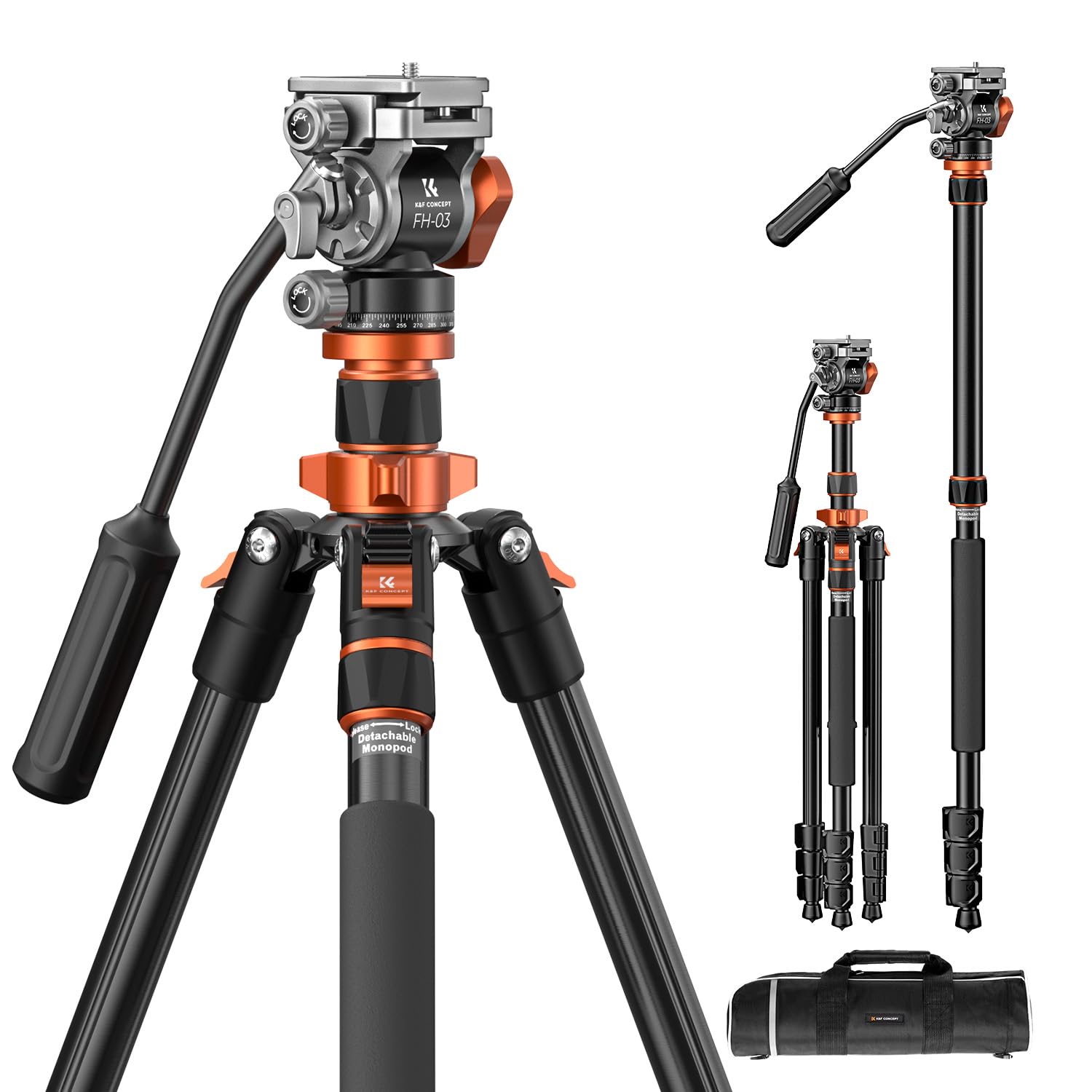 K&F CONCEPT black-orange video tripod video tripod with fluid head, 200cm tripod for on the go, with removable monopod, aluminum travel tripod K234A7+FH-03