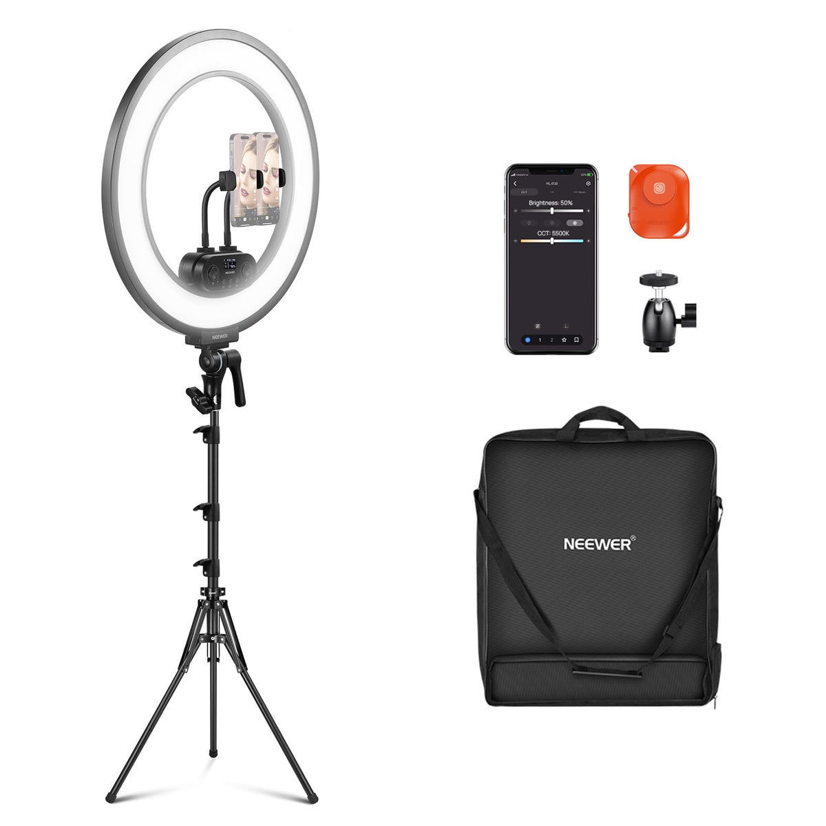 NEEWER 18" ring light set with edge lighting, 45W 3300Lux 2900K-7000K 12 scenes ring light with APP 2.4G PC Mac control, remote control, tripod bag for make-up, TikTok, Ins, live stream, RL45B - 10103370