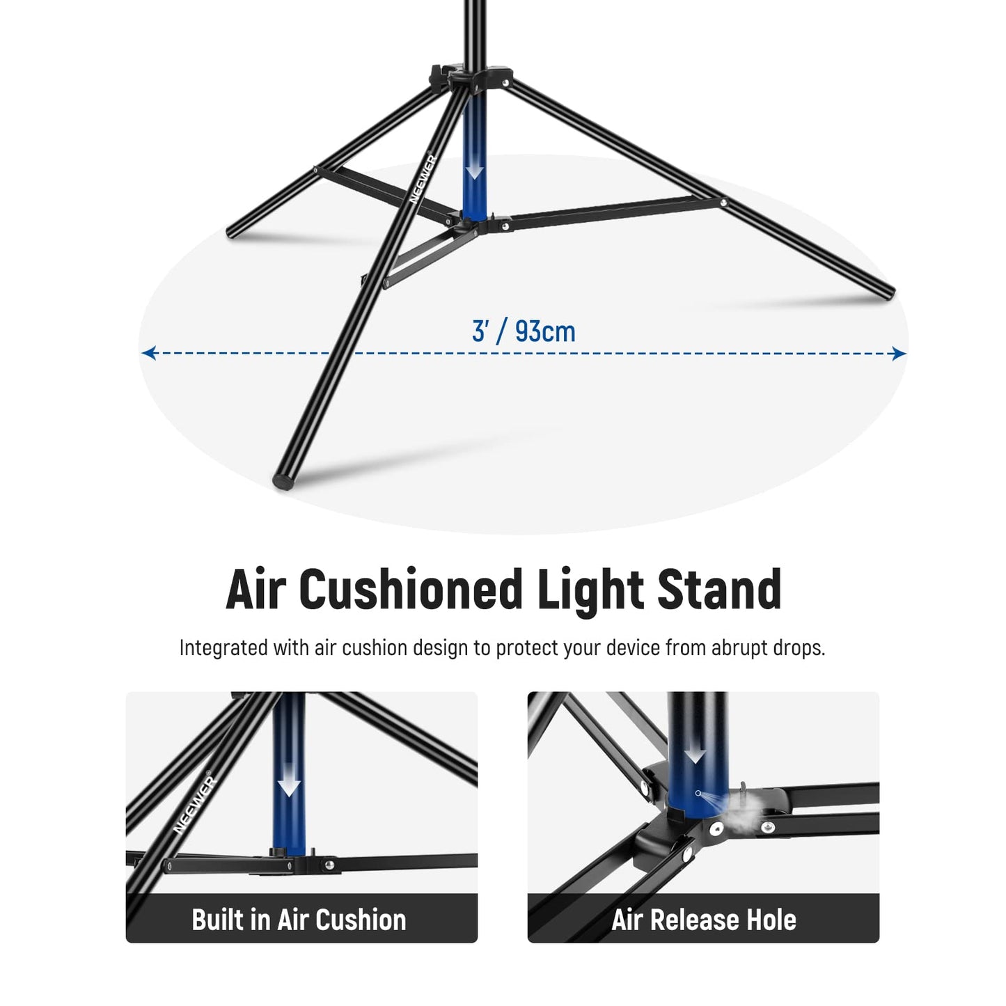 NEEWER Air-cushioned aluminum light stand, 3m adjustable photo tripod with boom arm, counterweight, sandbag, 1/4" screw for softbox, studio light, flash, umbrella, max. load 5kg - 90100462