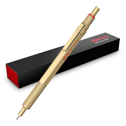rOtring 600 Mechanical Pencil | HB Lead 0.5 mm | Twist Mechanism Pencil with Full Metal Body | Gold | Non-slip Knurled Grip Zone and Hexagonal Shaft - 2158796