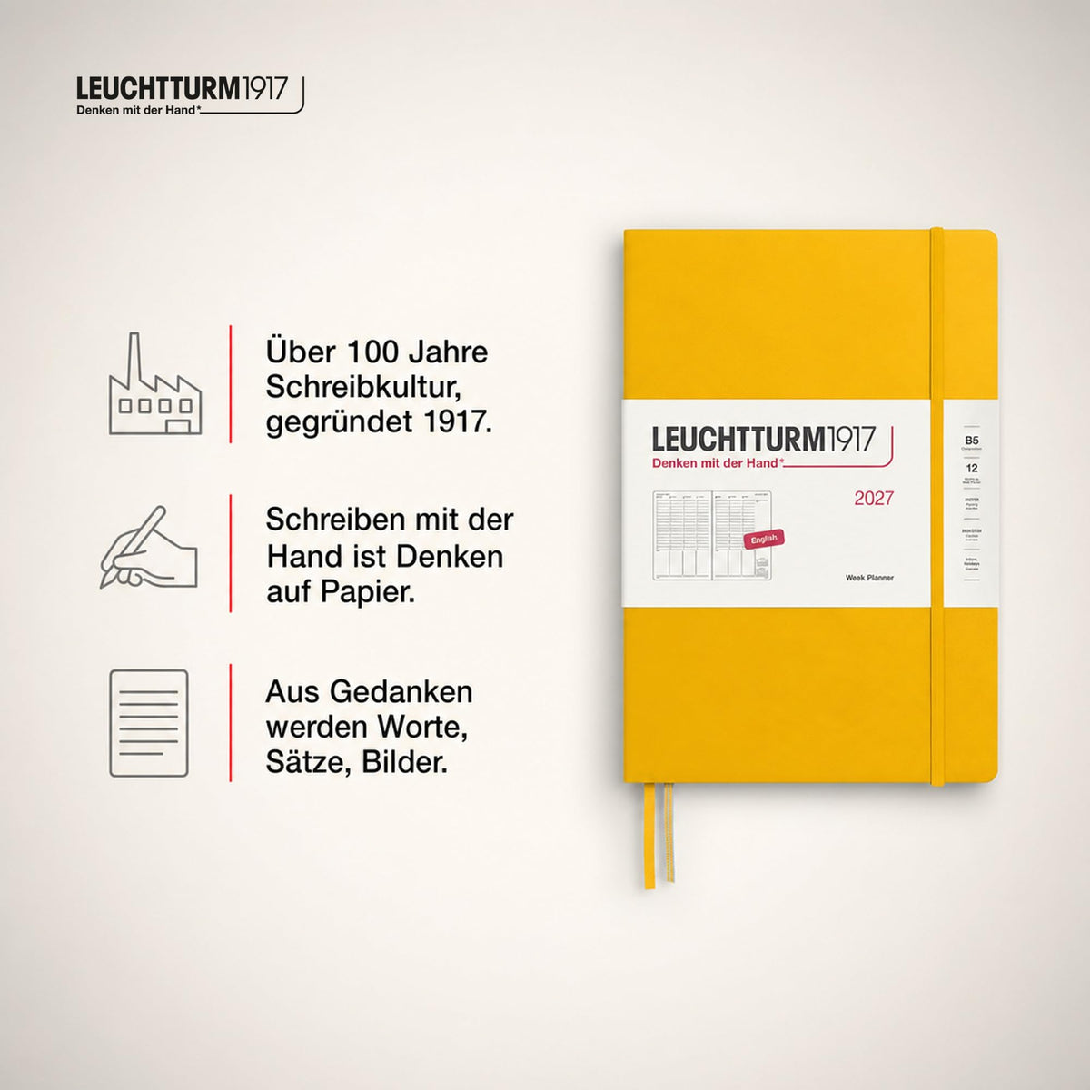 LEUCHTTURM1917 Weekly Planner 2027 Composition (B5) - English, Sunflower, 254 x 178 mm, January-December (12 months), weekly overview with hourly grid 7:00-22:00 per column, hardcover, 80 g/m² paper - 400310