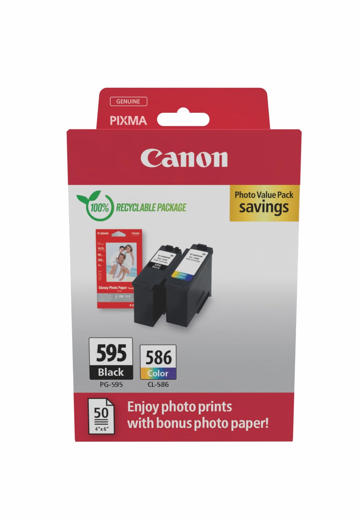 Canon Ink Cartridge – PG-595 / CL-586 Original Printer Cartridge, 2-Pack (1x Black, 1x Color) + 50 Sheets 4x6 Photo Paper GP-501