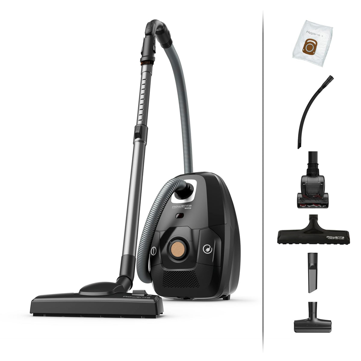 Rowenta Green Force Effitech Total Clean Bagged Vacuum Cleaner, 400 Watts, 4.5 L Dust Bag, 99.98% HEPA Filtration, 12 m Operating Radius, Compact Design, including Accessories, Black, RO6189