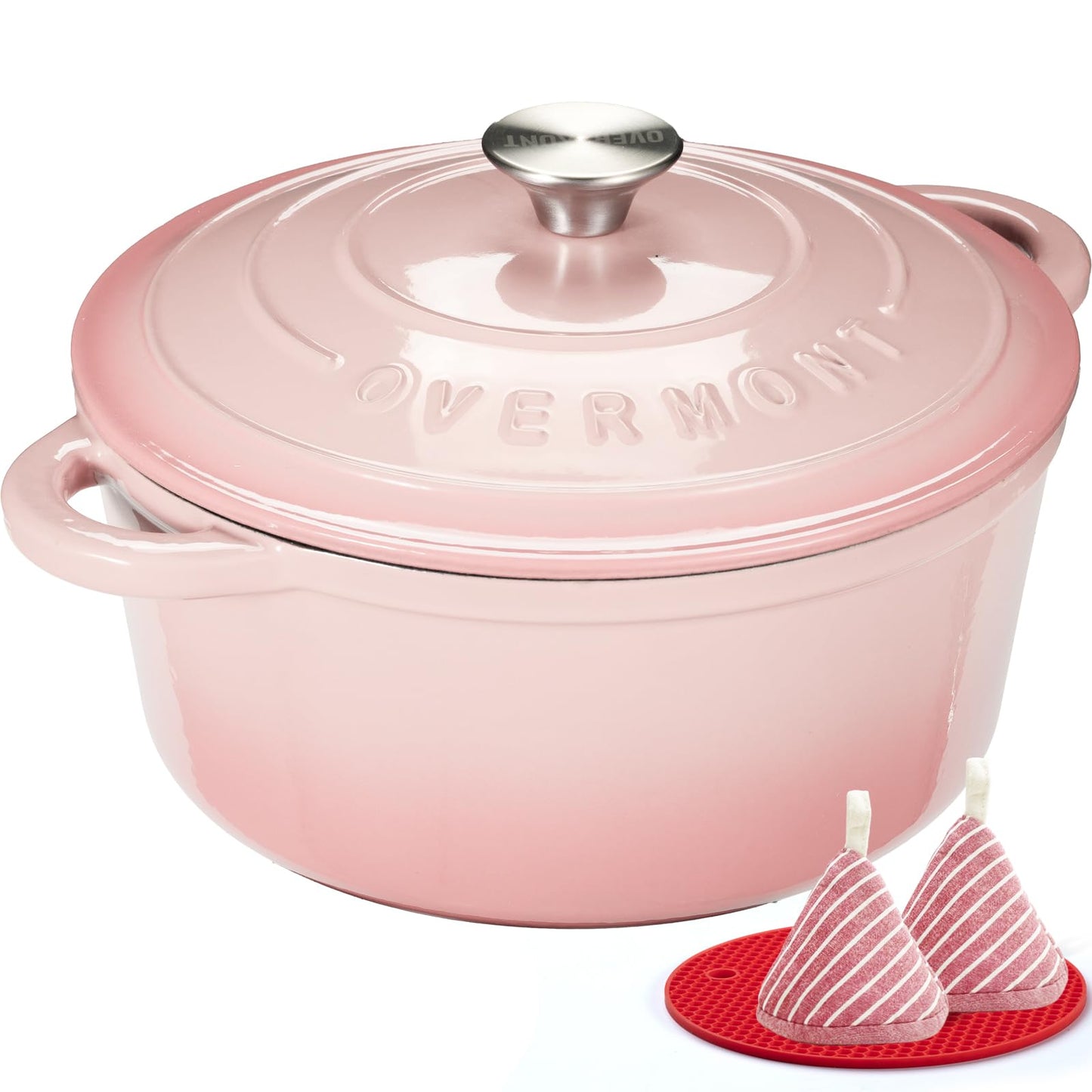 Overmont roasting pan enamel cast iron pot - casserole dish 24cm oven-safe - with lid and cookbook - for kitchen baking stewing roasting pink - Enamelled