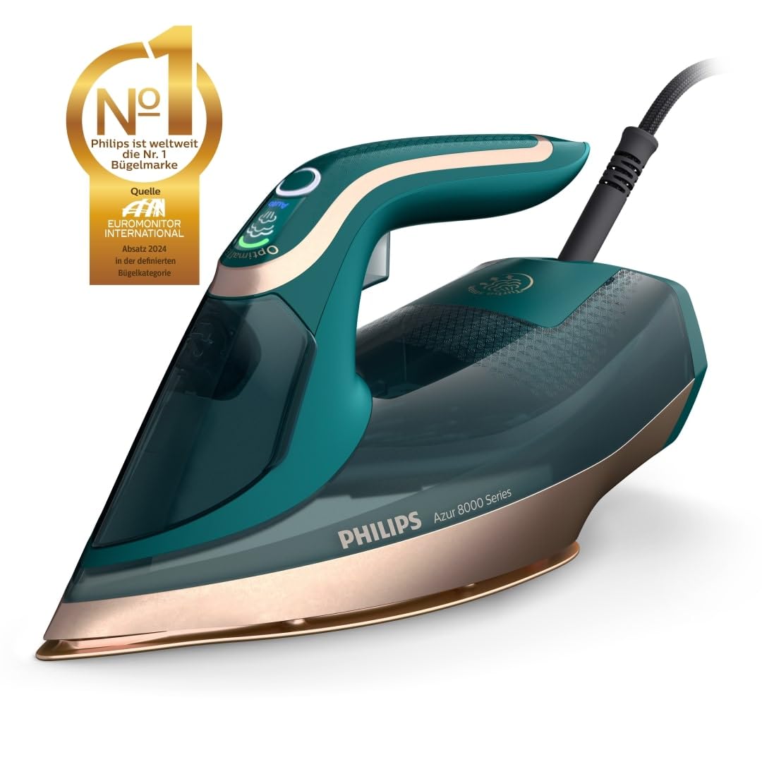 Philips Azur 8000 Series Steam Iron - 70 g/min continuous steam, 240 g turbo steam boost, 3000 W power, OptimalTEMP technology, Green Opal (DST8030/70) - AZ8000-70