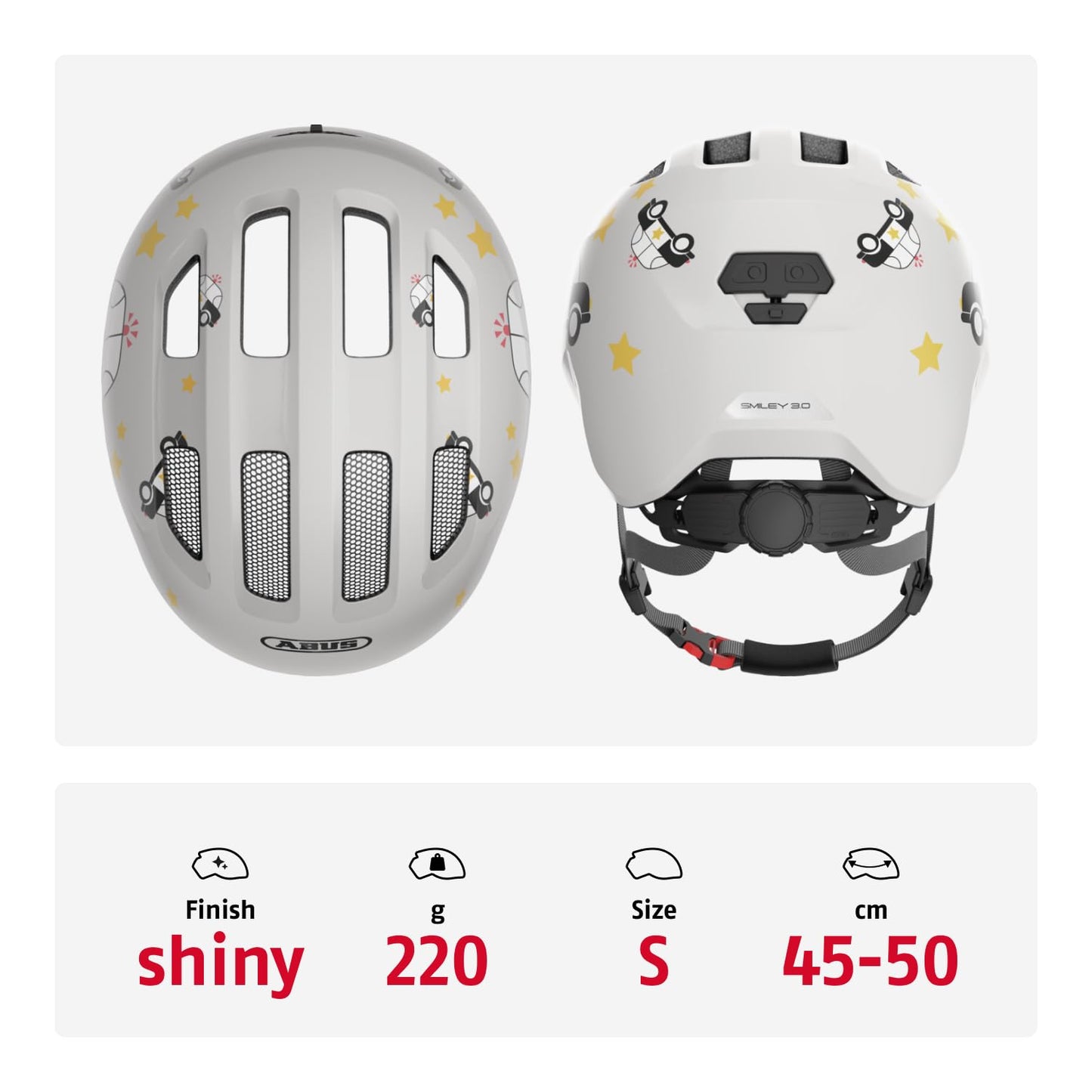 ABUS children's helmet Smiley 3.0 - bicycle helmet with a deep fit, child-friendly designs & space for a braid - for girls and boys - gray with car pattern, size S - 67269