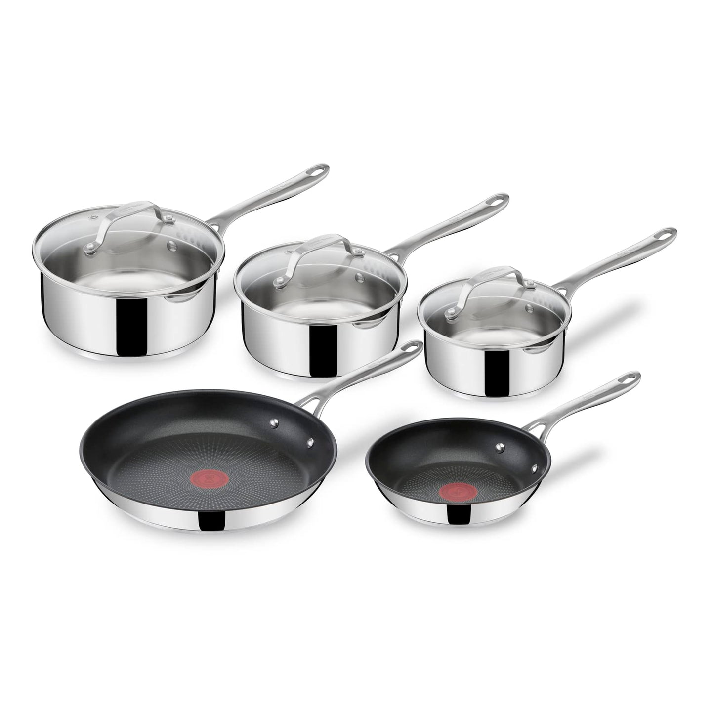 Tefal Jamie Oliver Cook's Direct On 8-piece stainless steel pan set: pans 20/28 cm, saucepans 16/18/20 cm + lid, non-stick coating, thermal signal, riveted handle, induction, E304S544