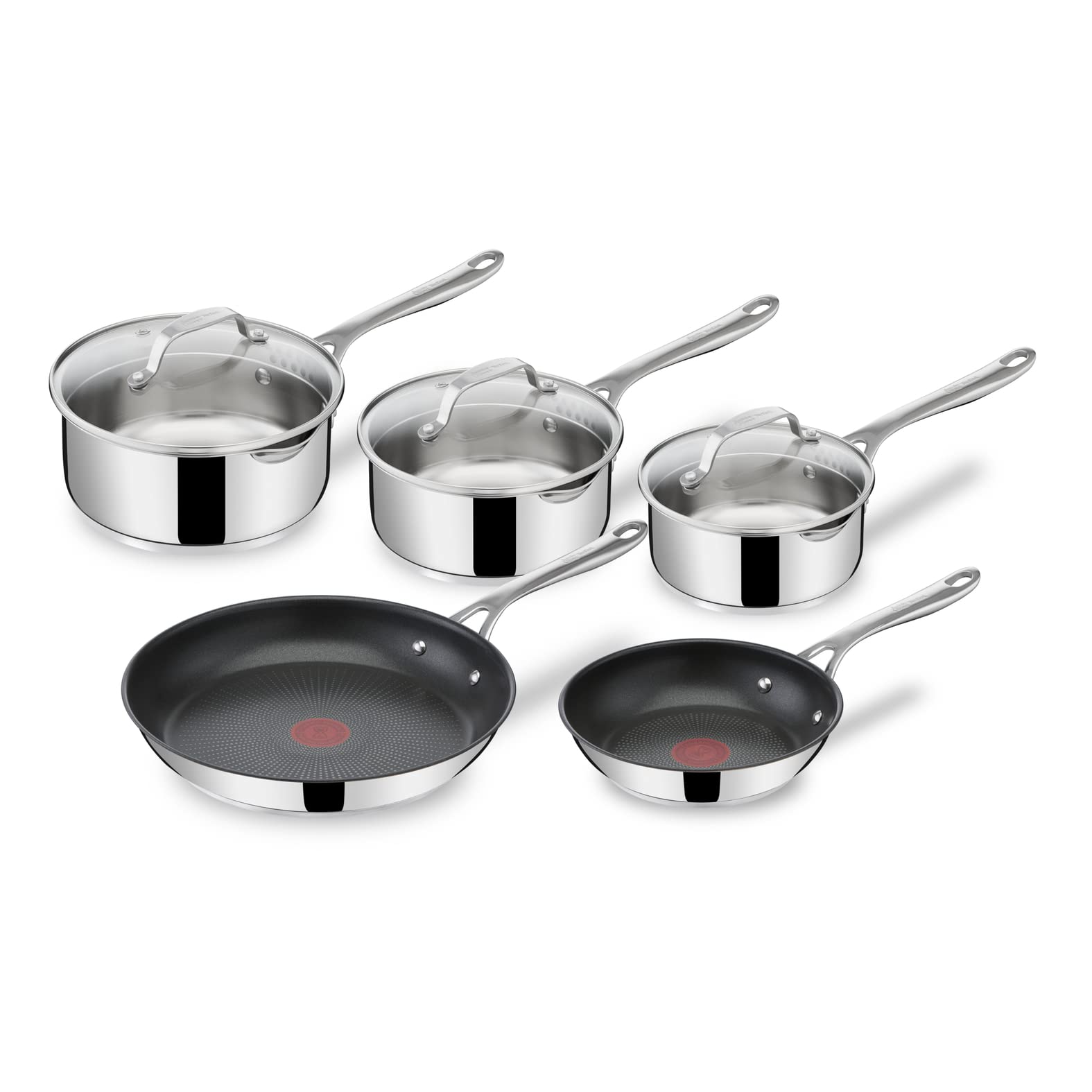 Tefal Jamie Oliver Cook's Direct On 8-piece stainless steel pan set: pans 20/28 cm, saucepans 16/18/20 cm + lid, non-stick coating, thermal signal, riveted handle, induction, E304S544