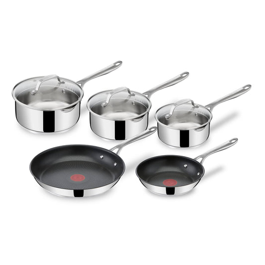 Tefal Jamie Oliver Cook's Direct On 8-piece stainless steel pan set: pans 20/28 cm, saucepans 16/18/20 cm + lid, non-stick coating, thermal signal, riveted handle, induction, E304S544