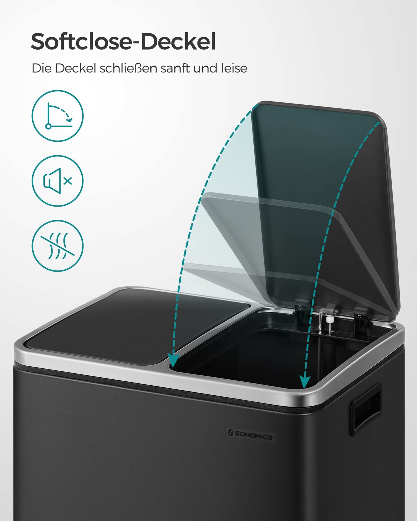 SONGMICS kitchen trash can, 2 x 15 liters, waste separation system 2 compartments, including 15 trash bags, trash can, pedal bin, recyclable waste, organic waste, soft close lid, ink black LTB30BK