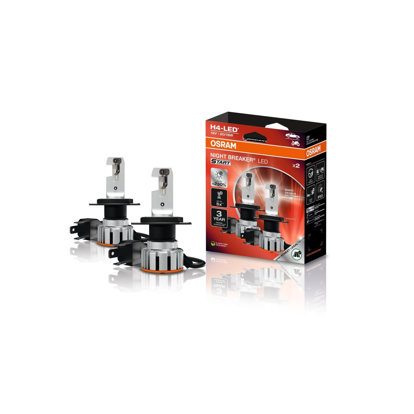 Osram NIGHT BREAKER LED START H4, LED high and low beam with street approval, up to 230% more brightness, 6000 K, 12 V - 64193DWNBST-2HB