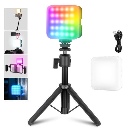 NEEWER Magnetic RGB Video Light with Table Tripod, 3 Cold Shoes 360° Full Color LED Camera Light CRI97+/20 Scenes/2500K-8500K 2000mAh Rechargeable Photography Recording Small Panel Lighting RGB61