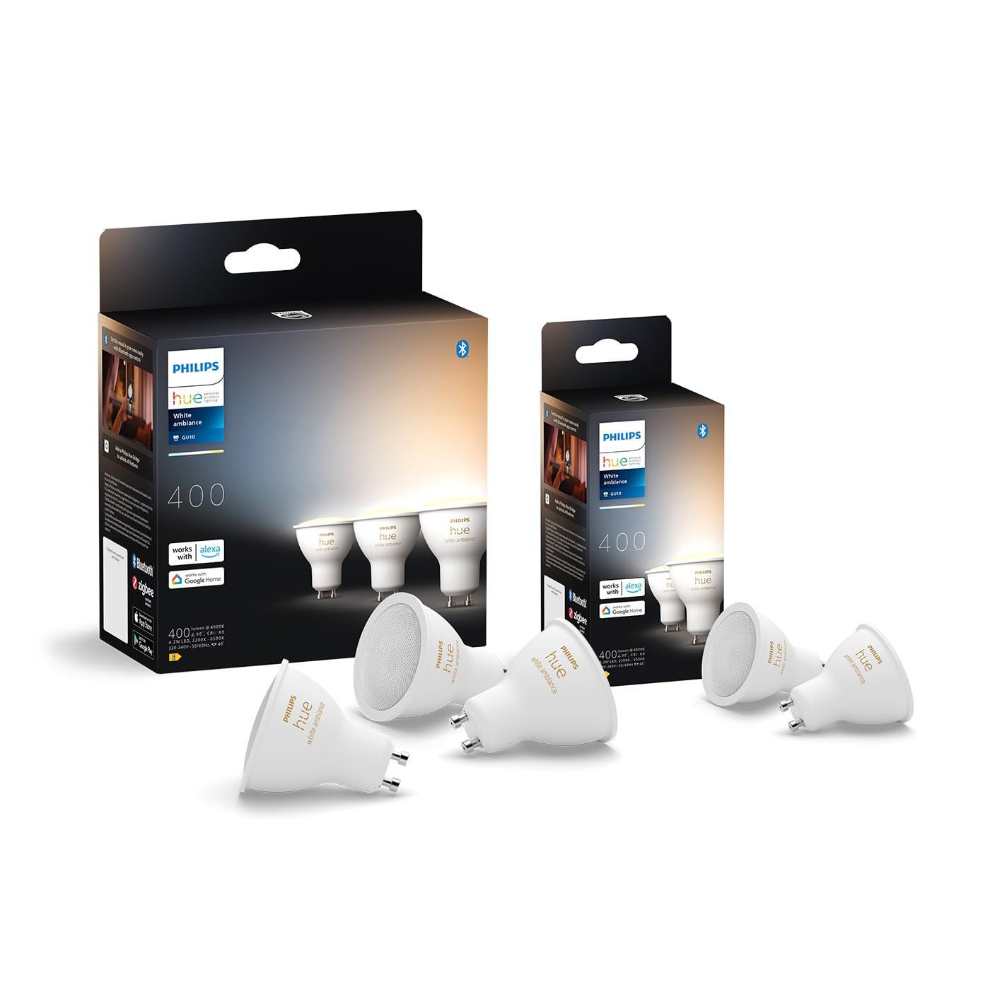 Philips Hue White Ambiance GU10 LED spot pack of 5 (400lm), dimmable LED lamps for the Hue lighting system with warm white/cold white light, smart light control via voice and app - 8721103090836